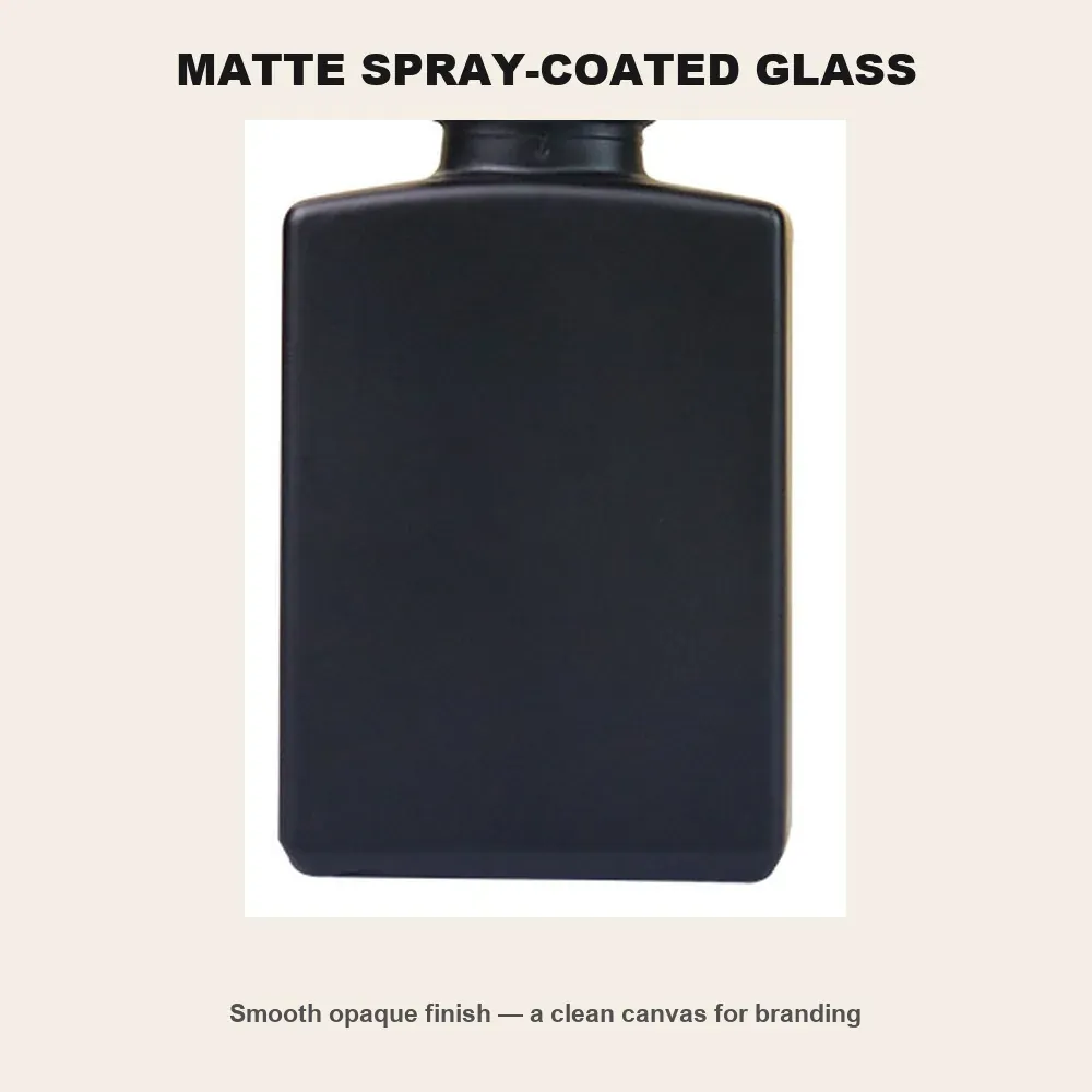 Matte spray-coated glass body of a flat square dropper bottle