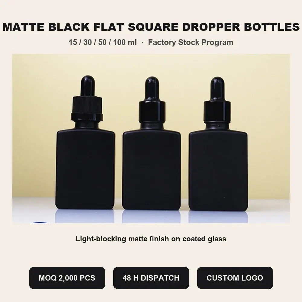 Three matte black flat square dropper bottles in a row, 15-100 ml family