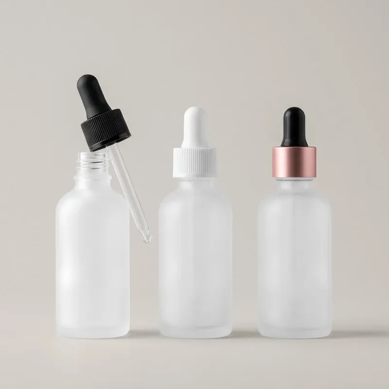 Frosted glass dropper bottle family with matte black, glossy white and rose-gold aluminum caps