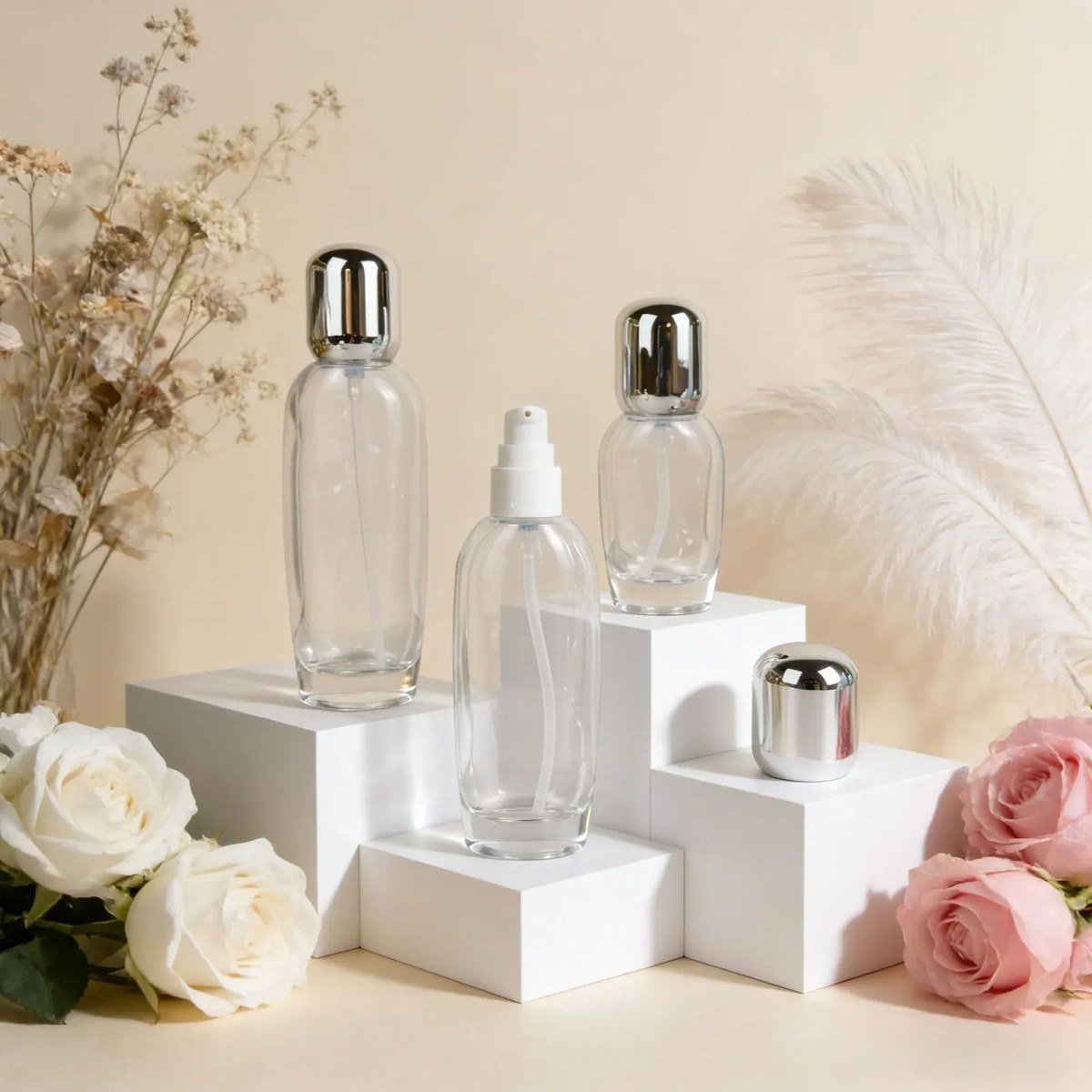 Clear glass skincare set with silver dome caps: pump bottles and a cream jar on white podiums with roses