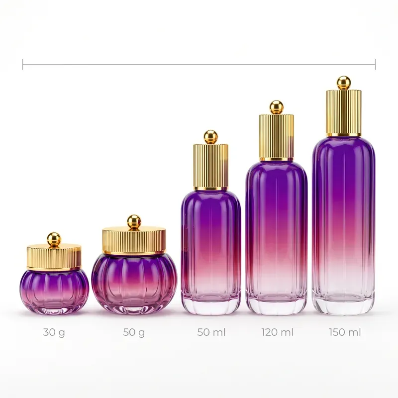 Purple gradient glass skincare set size chart: 30 g and 50 g cream jars, 50 ml, 120 ml and 150 ml bottles with gold fluted caps on white background
