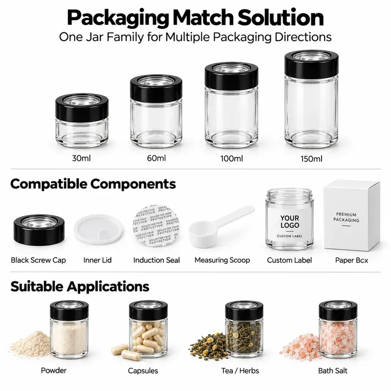 Glass storage jars packaging match