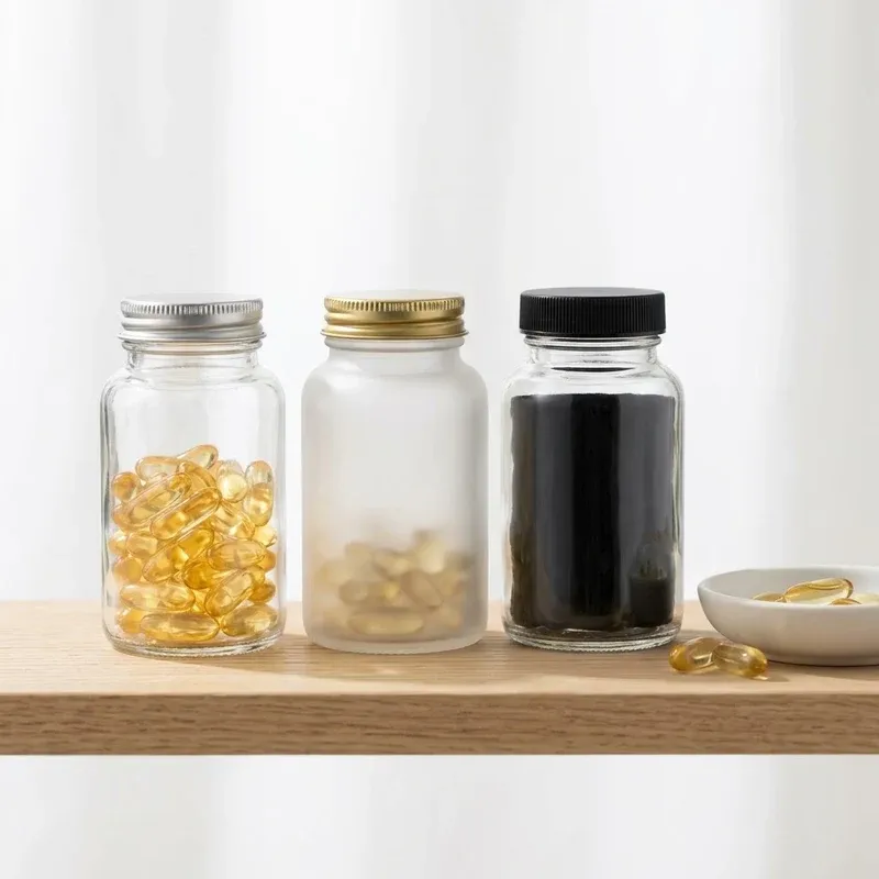 Three wide-mouth capsule bottles on a pale oak shelf with golden softgel capsules in a dish