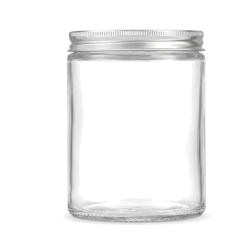Clear straight-sided glass storage jar with silver knurled metal screw lid on white background