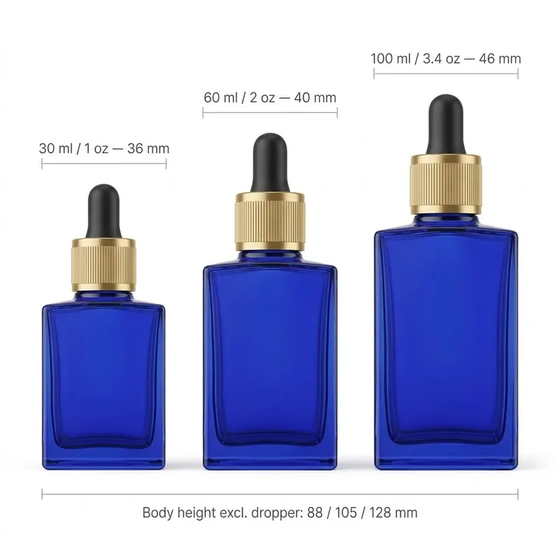 Size chart of 30 ml, 60 ml and 100 ml square dropper bottles with body widths and heights