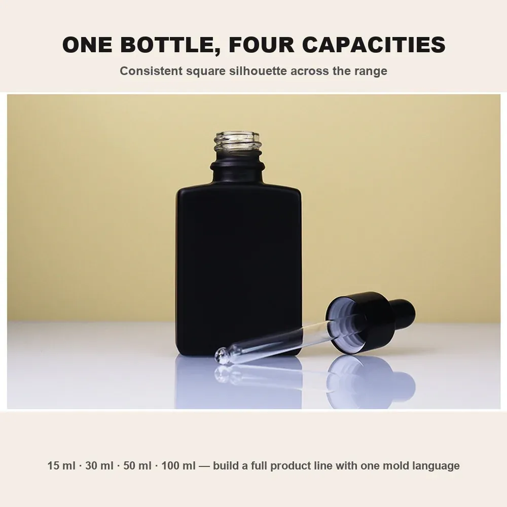 One bottle silhouette across 15 / 30 / 50 / 100 ml capacities