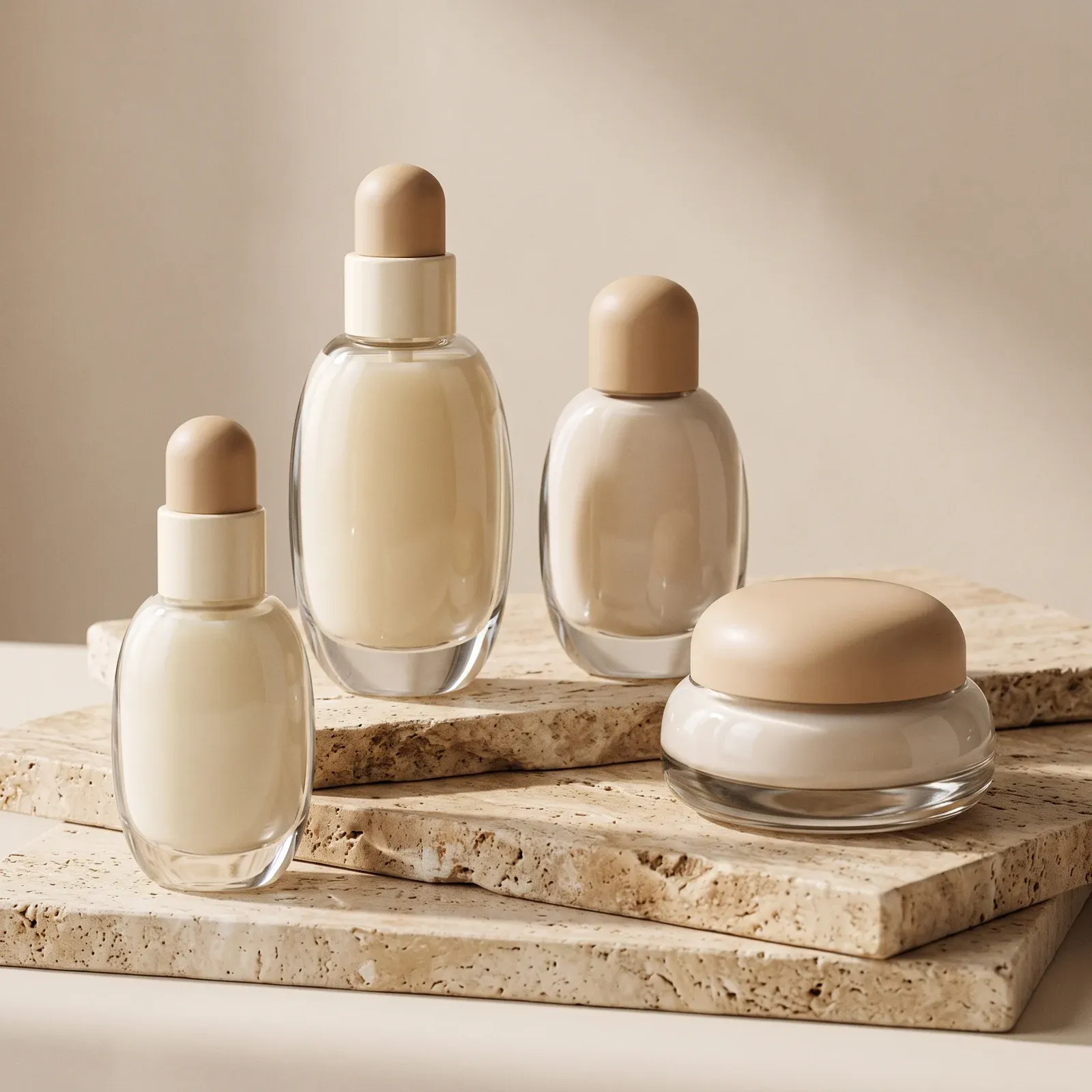 Pebble-shaped thick-wall glass bottles with sand-tone dome caps and a flat pebble cream jar on travertine slabs