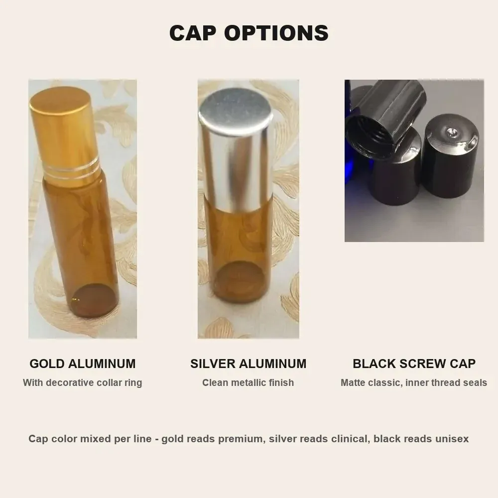 Cap options: gold aluminum, silver aluminum and black screw caps