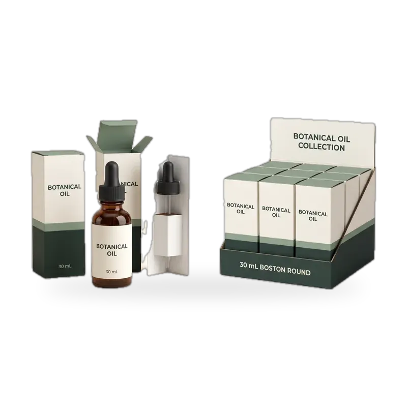 Botanical oil skincare collection with bottles, cartons and counter display box