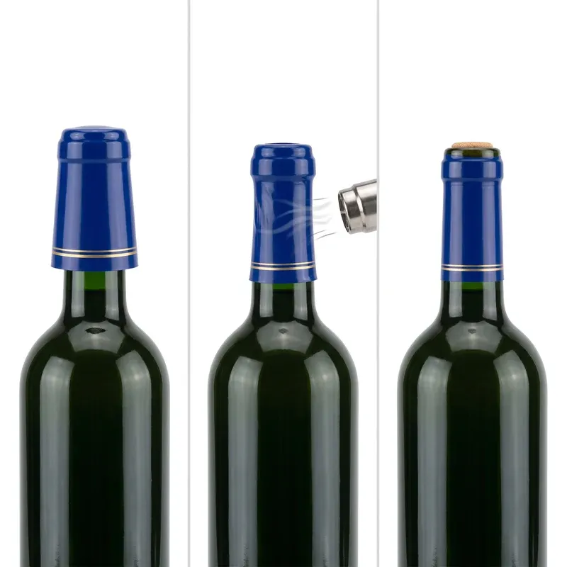 Three step heat gun application of a PVC shrink capsule on a wine bottle: loose fit, hot air shrinking, finished taut seal