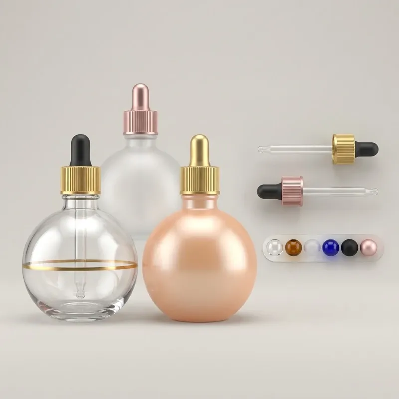Decoration options for spherical dropper bottles: gold ring print, frosted finish, pearl coating, dropper components and finish swatches