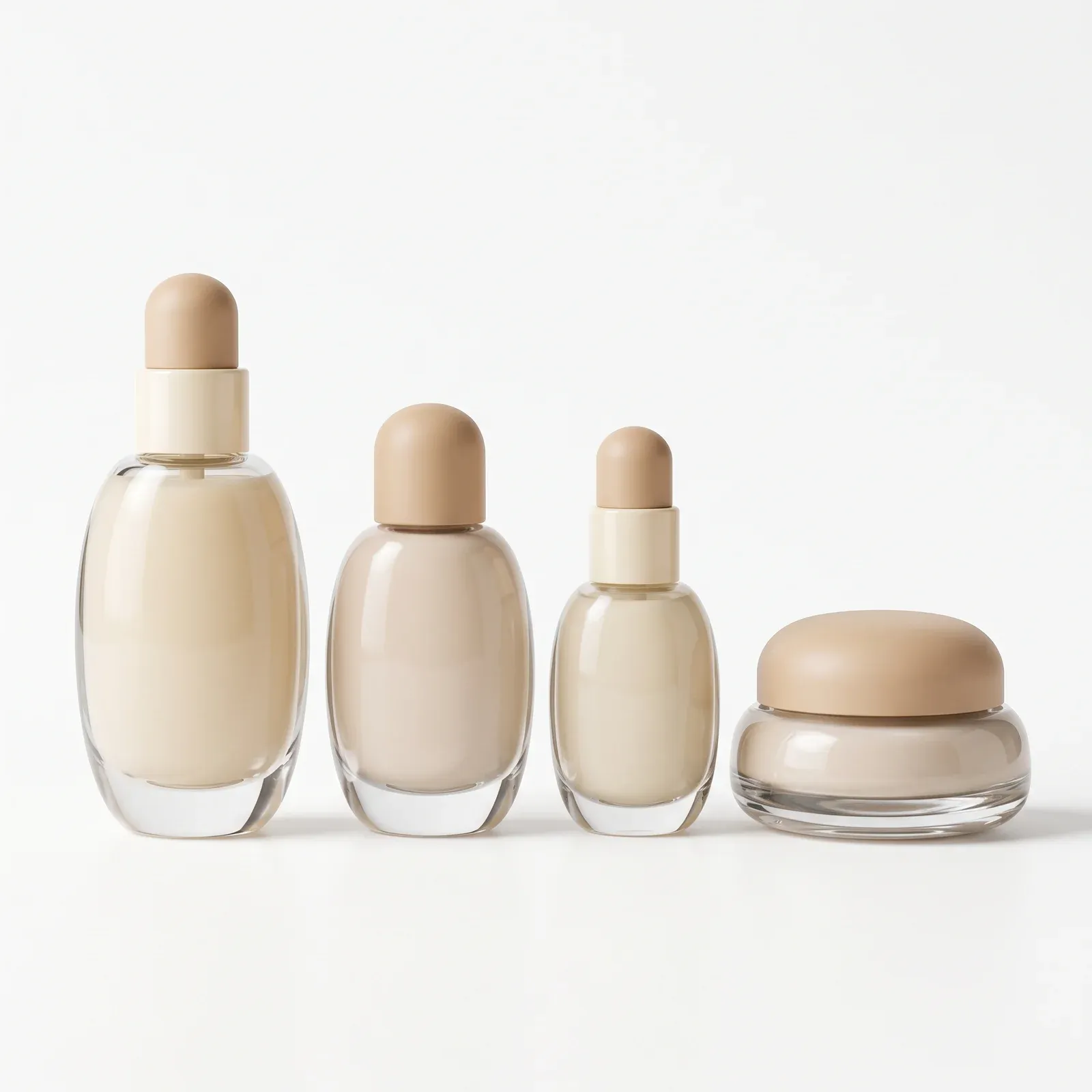 Four-piece pebble glass set lineup on white background: three flat oval bottles tall to small and one wide cream jar