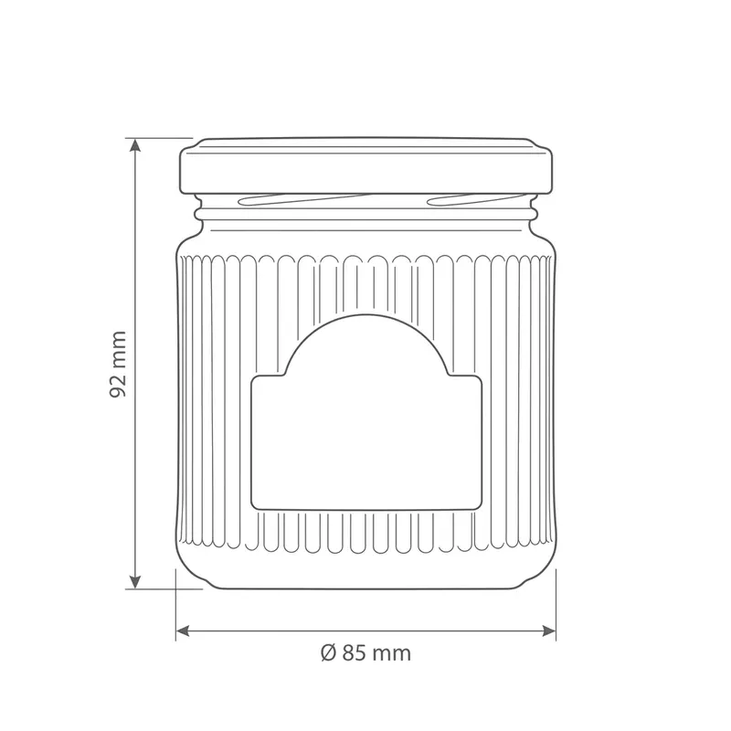 Technical diagram of the ribbed glass jar: 92 mm overall height including lid and 85 mm diameter