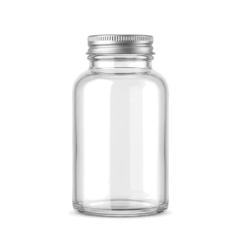 Wide-mouth clear glass capsule bottle with knurled silver metal screw cap on white background