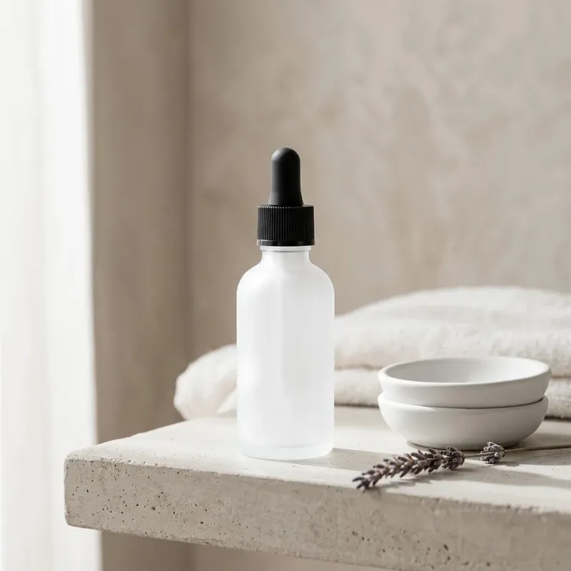 Frosted scalp serum dropper bottle on a concrete shelf with ceramic dishes and lavender