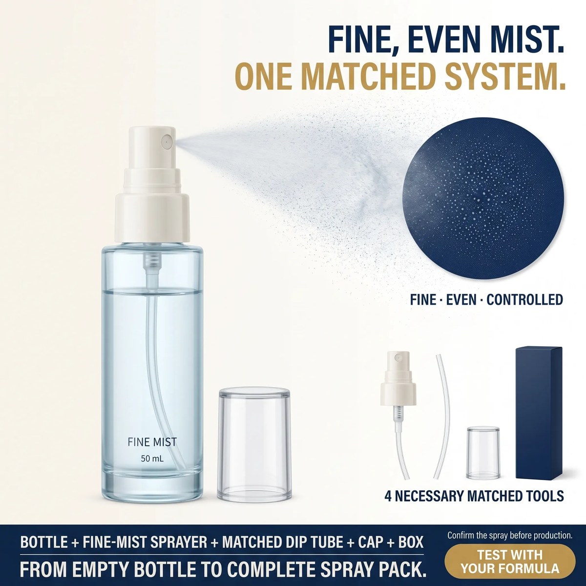Fine mist spray system - one matched closure across three serum lines