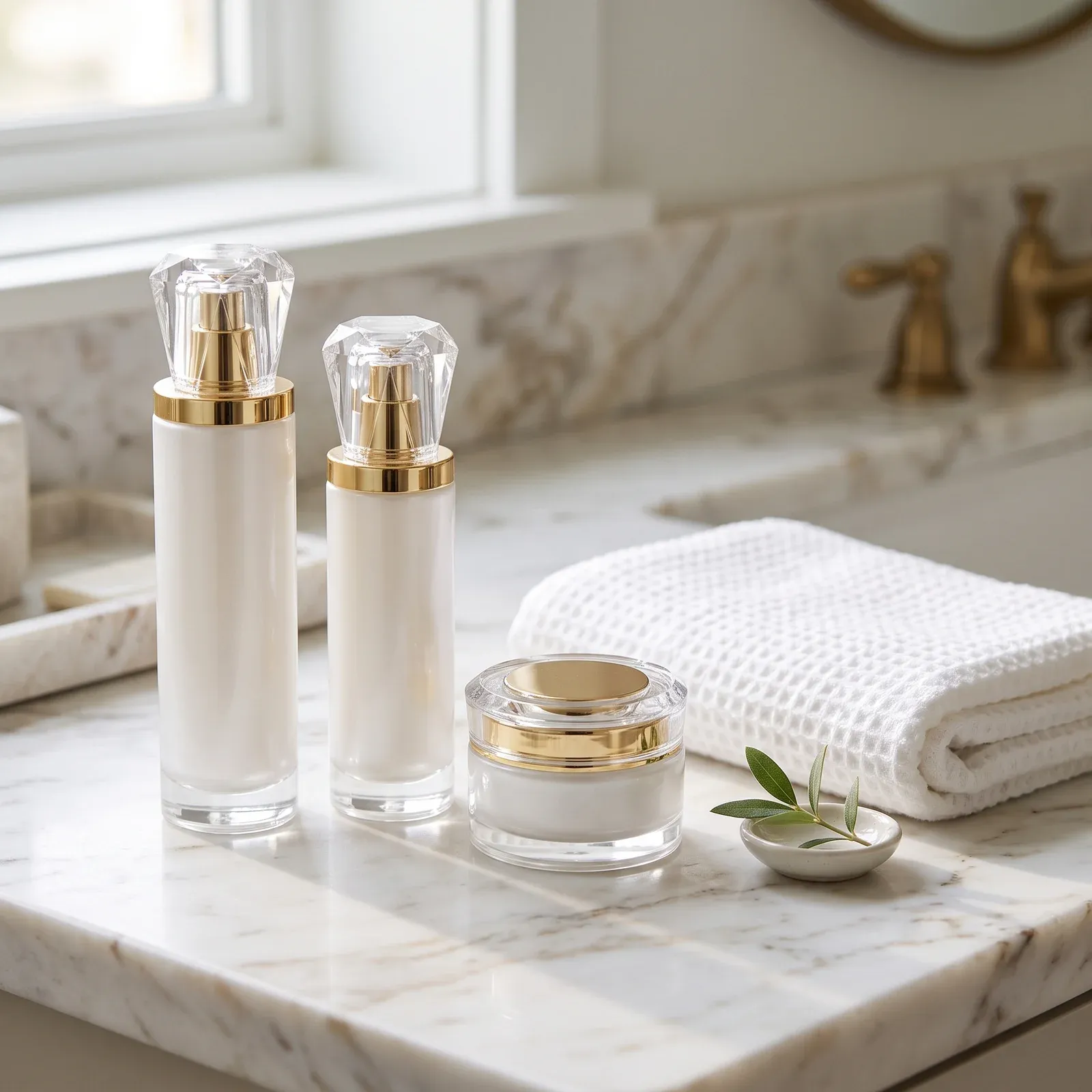 Pearl-white glass bottles and crystal-lid jar on a marble bathroom countertop with a towel