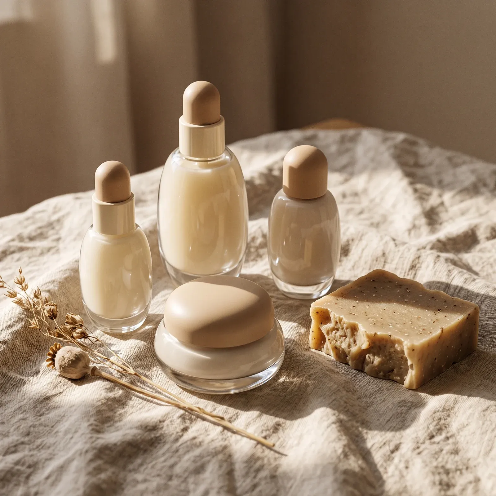 Pebble glass bottles and cream jar on linen with a natural soap bar and dried botanicals
