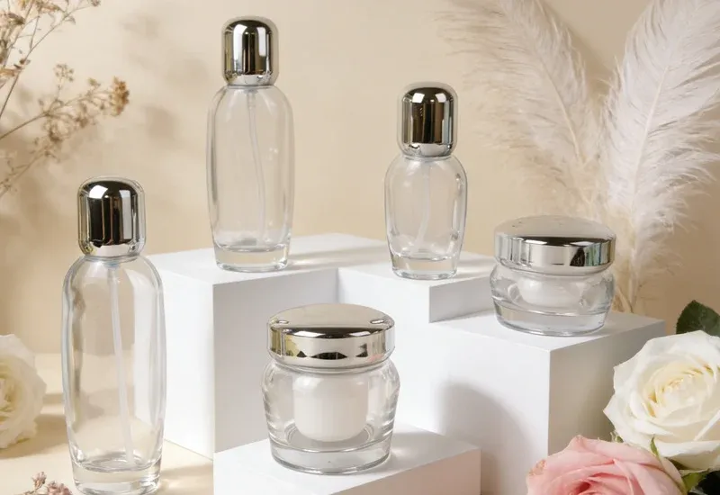 Clear glass bottles and jars with silver dome caps arranged with white and pink roses