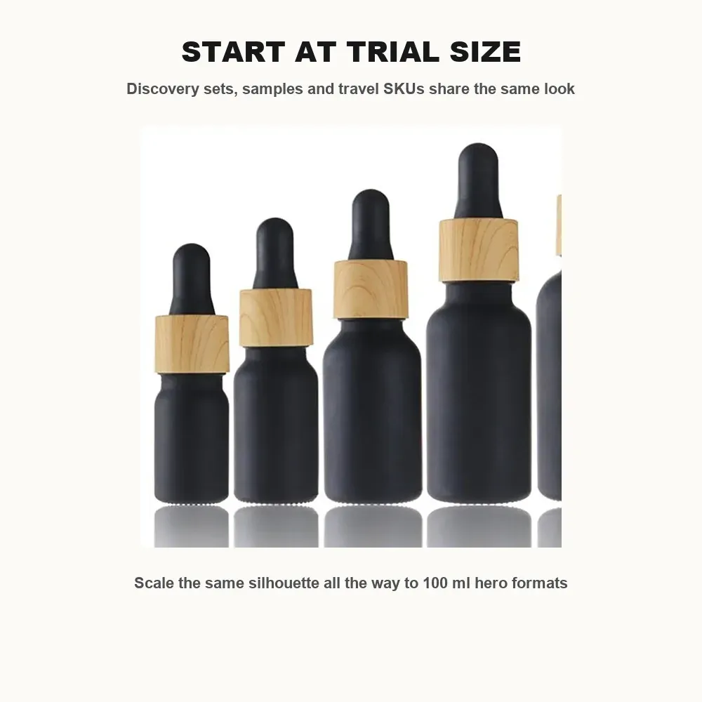 Small-size black glass dropper bottles for discovery sets, samples and travel SKUs