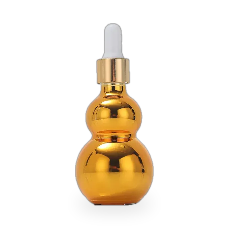 Gold double gourd glass essential oil bottle with white rubber dropper bulb