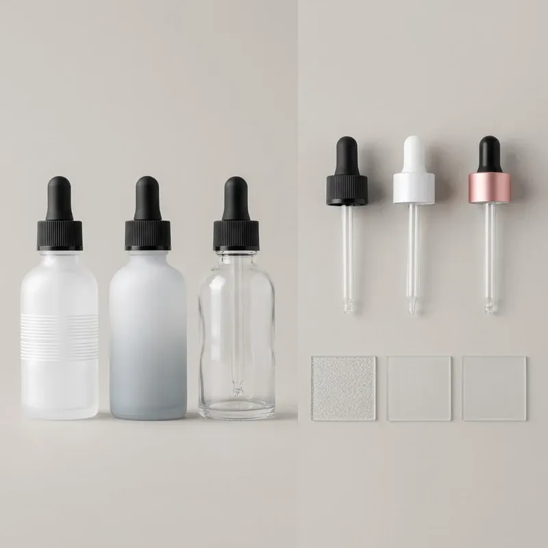 Decoration options for frosted dropper bottles: silk-screen band, gradient spray, clear version, dropper caps and finish tiles