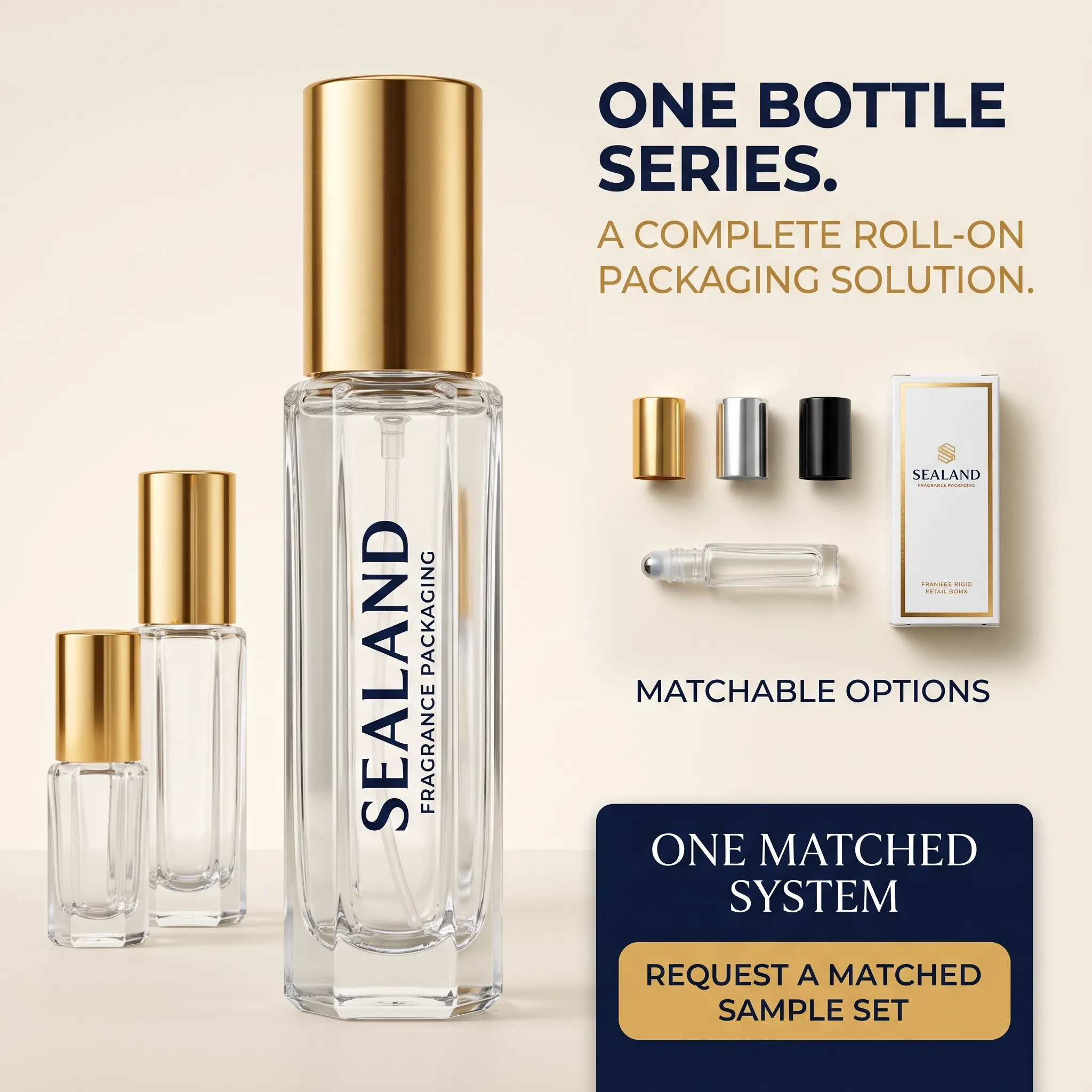SEALAND 3ml, 6ml and 12ml slim octagonal glass roller bottles with matching roller inserts, caps, custom colors, logo decoration and retail box options.5