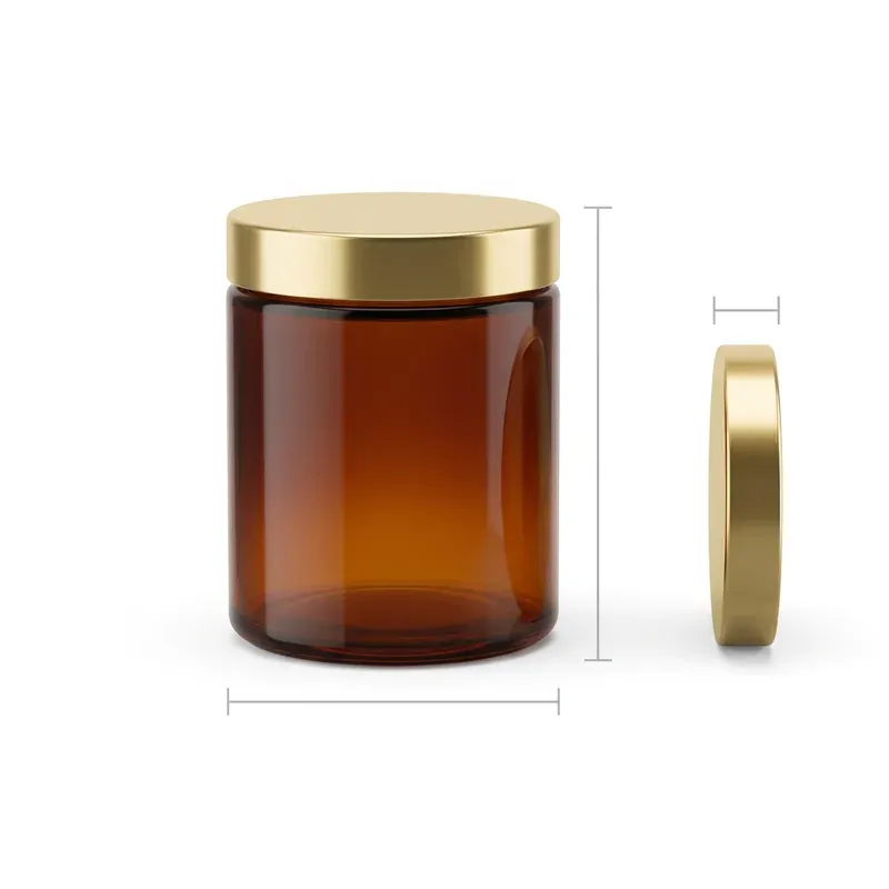 Amber straight-sided glass jar with gold screw lid on white background with clean dimension lines indicating height and diameter, plus a separate lid dimension view