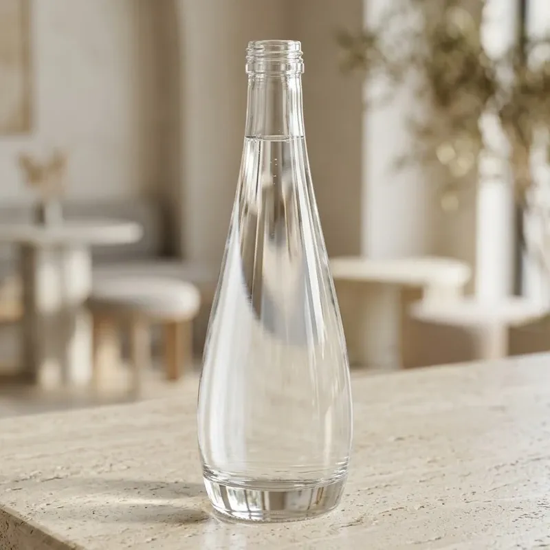 Teardrop glass bottle filled with premium still water on a stone countertop