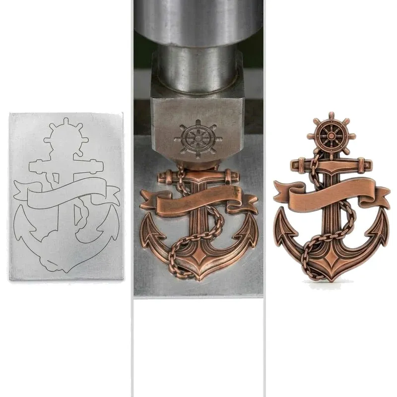 Three-step challenge coin production: silver-grey zinc alloy blank with outlined shape, die press striking, finished antique copper badge