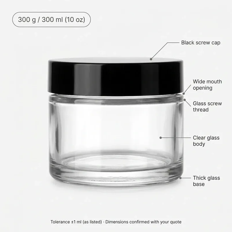 Parameter diagram of the closed glass cream jar: wide mouth, glass screw thread, thick base, black screw cap