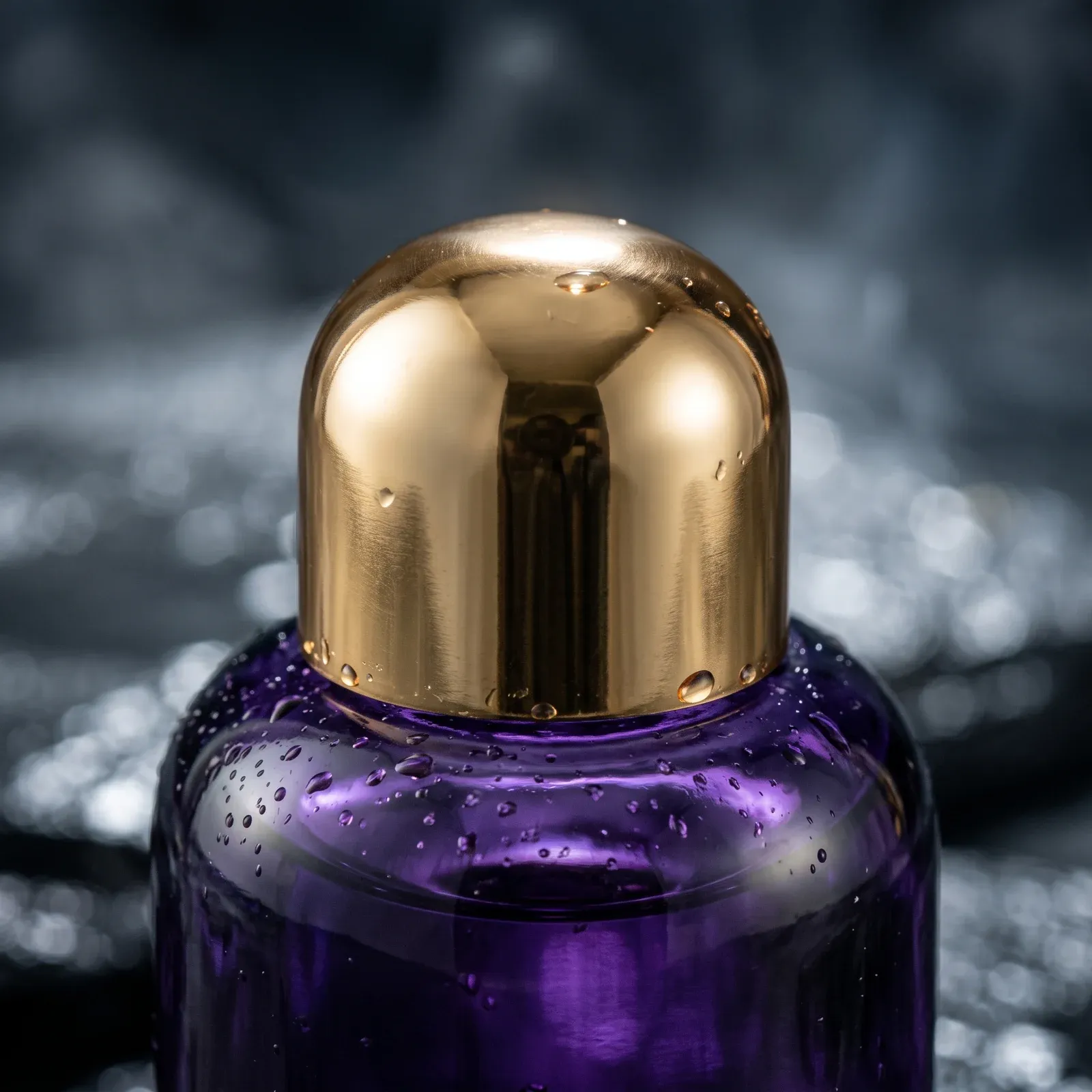 Macro detail of a polished gold dome cap on a water-droplets violet glass bottle