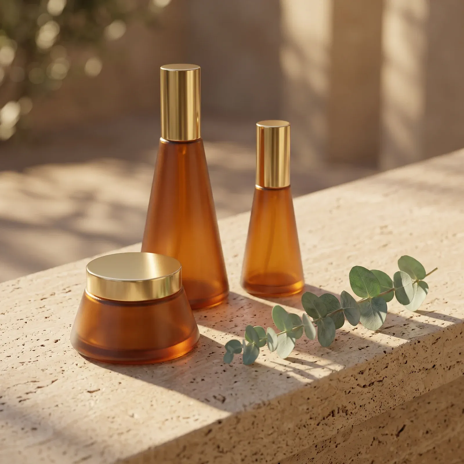 Amber conical glass bottles and cream jar on a travertine ledge with a eucalyptus sprig in warm sunlight