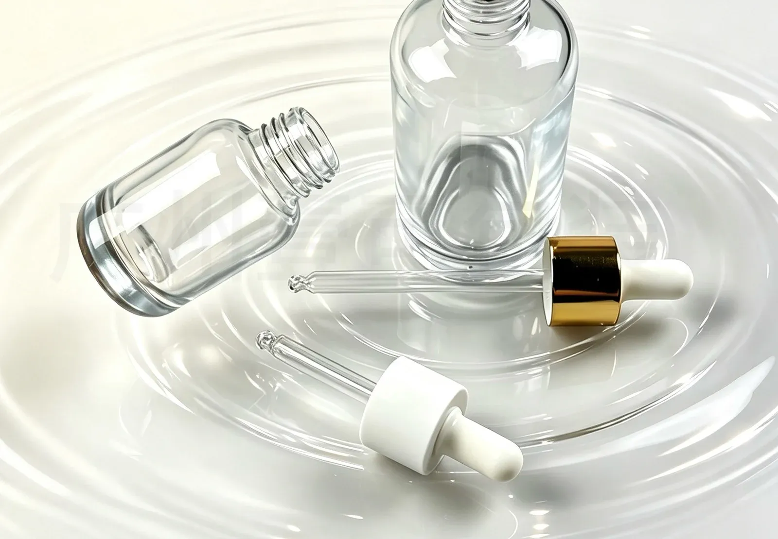 Glass dropper assemblies with white rubber bulbs, one gold collar and one white cap, beside open clear bottles