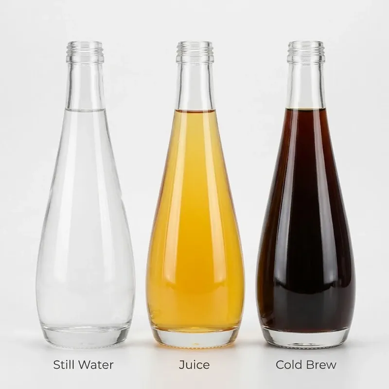 Three teardrop glass bottles filled with water, juice and cold brew