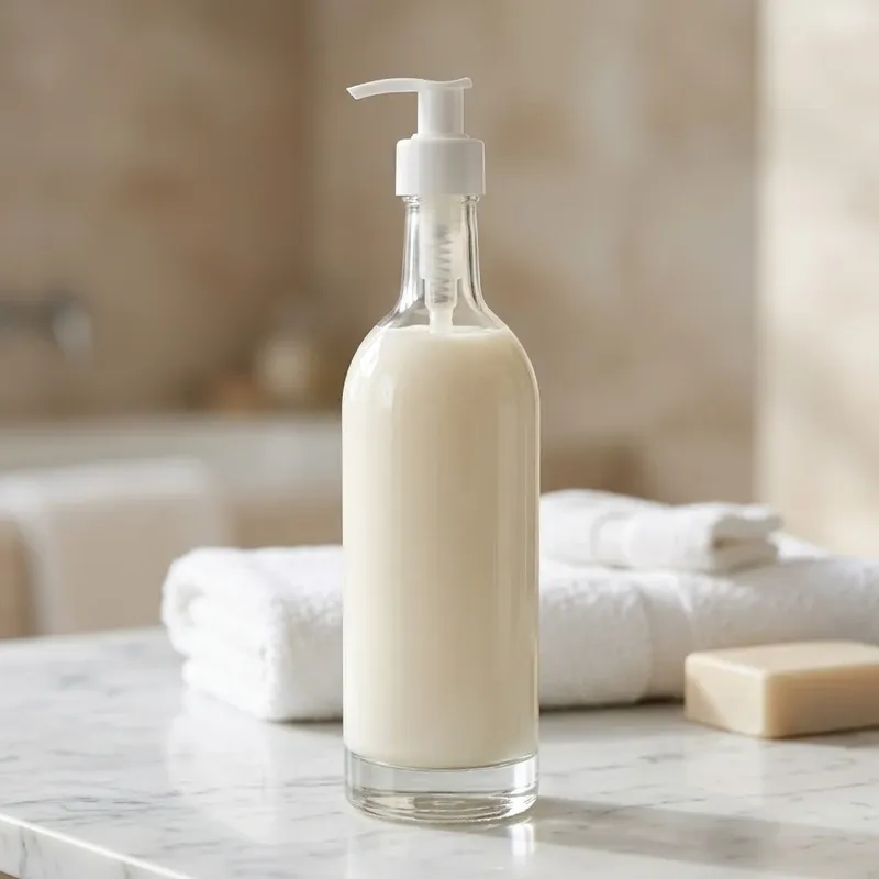 750 ml glass bottle fitted with white lotion pump filled with cream body lotion on a marble countertop