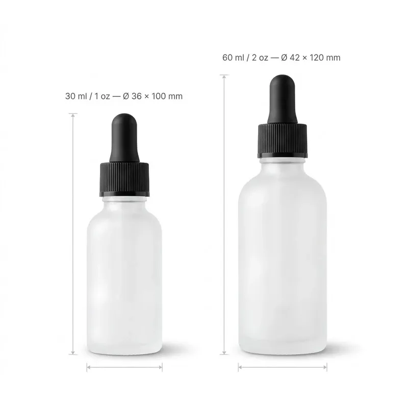 Size chart of 30 ml and 60 ml frosted dropper bottles with diameters and heights