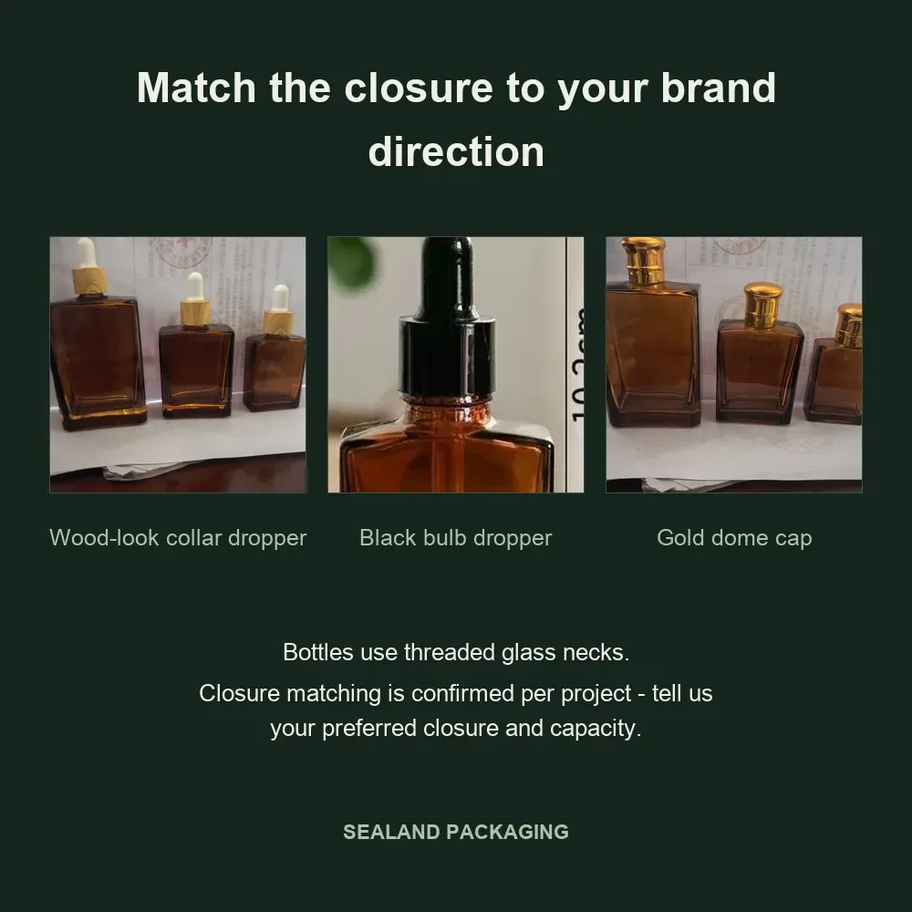 Closure options for square amber glass bottles: wood-look collar dropper, black bulb dropper and gold dome cap