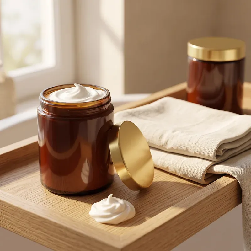 Open amber glass jar filled with swirled white body butter, its polished gold screw lid on an oak bathroom tray with a folded linen towel