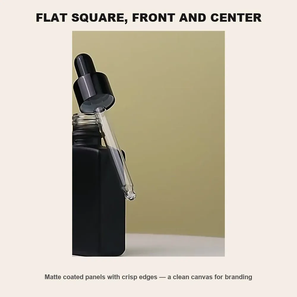 Front view of the matte spray-coated flat square dropper bottle with crisp edges and clean label panels