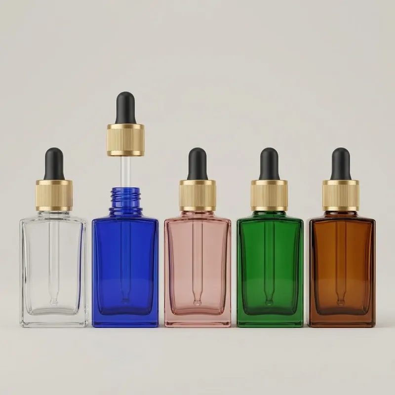 Square glass dropper bottle family in clear, cobalt blue, blush pink, emerald green and honey amber with gold dropper caps