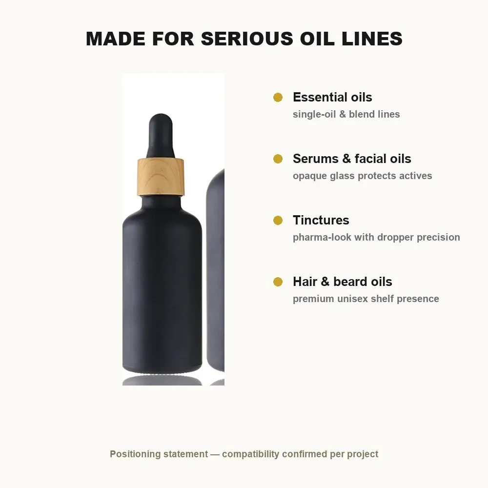 Black glass dropper bottle positioned for essential oils, serums, tinctures and hair oils