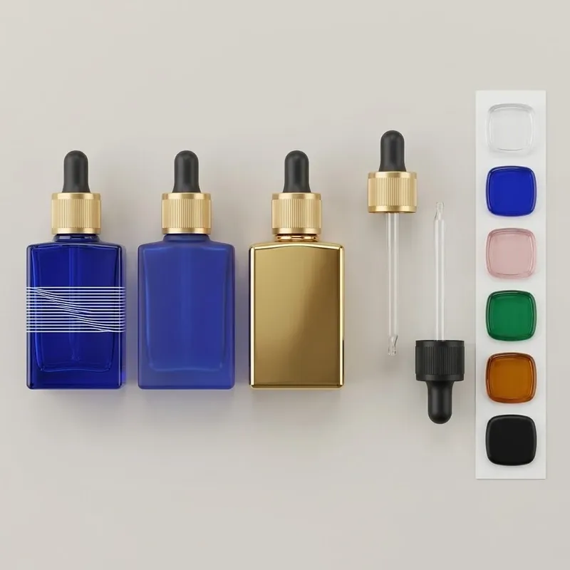 Custom decoration options for square dropper bottles: silk-screen band, frosted finish, gold coating, dropper components and color swatches