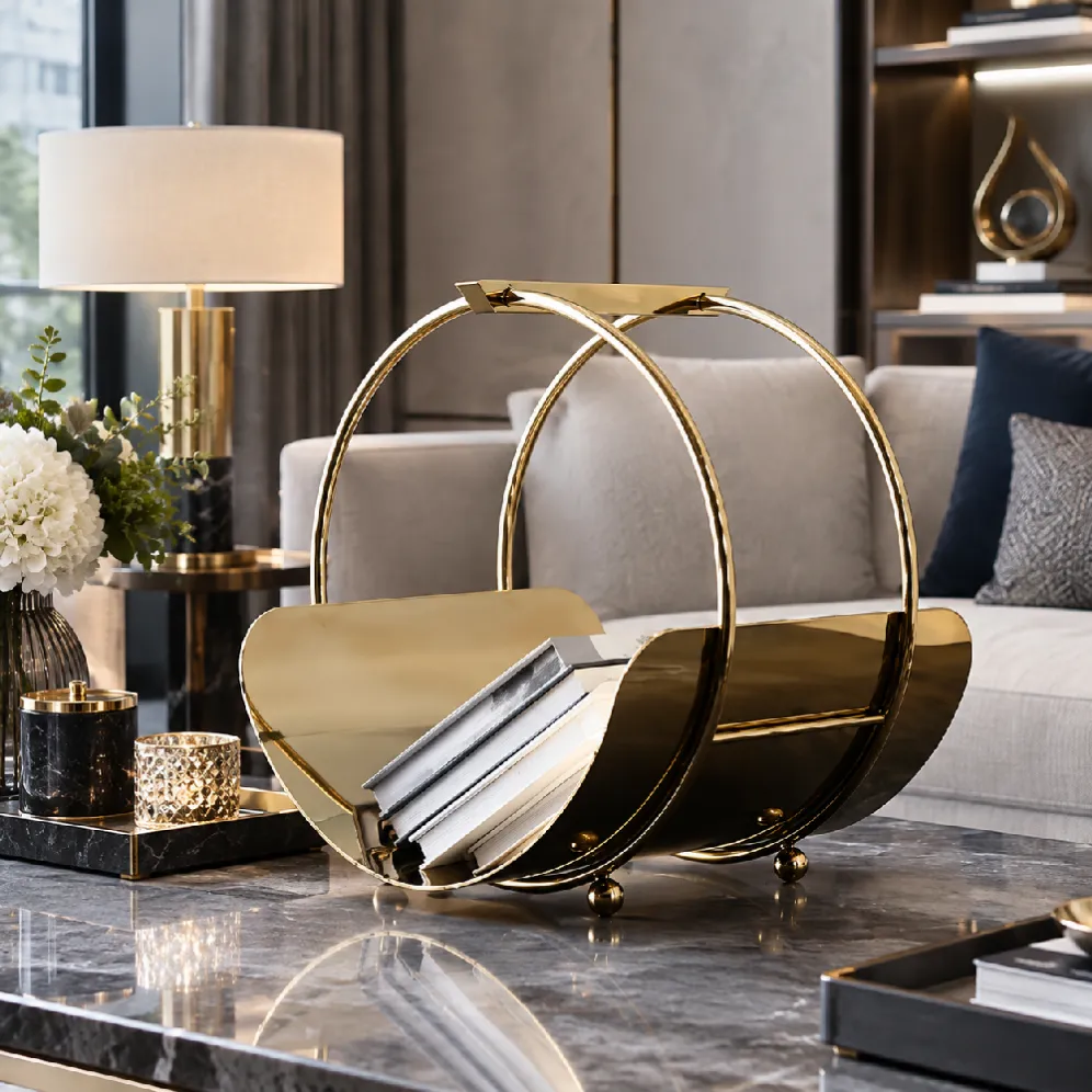 gold metal magazine rack material detail
