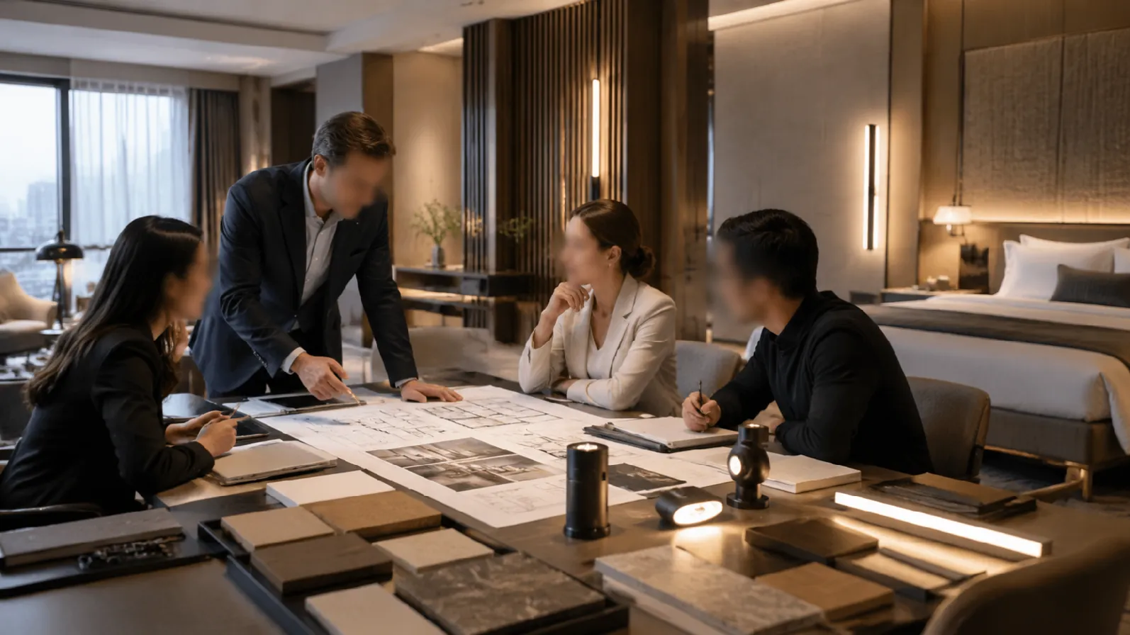 Boutique hotel renovation project with hospitality lighting planning and commercial interior coordination