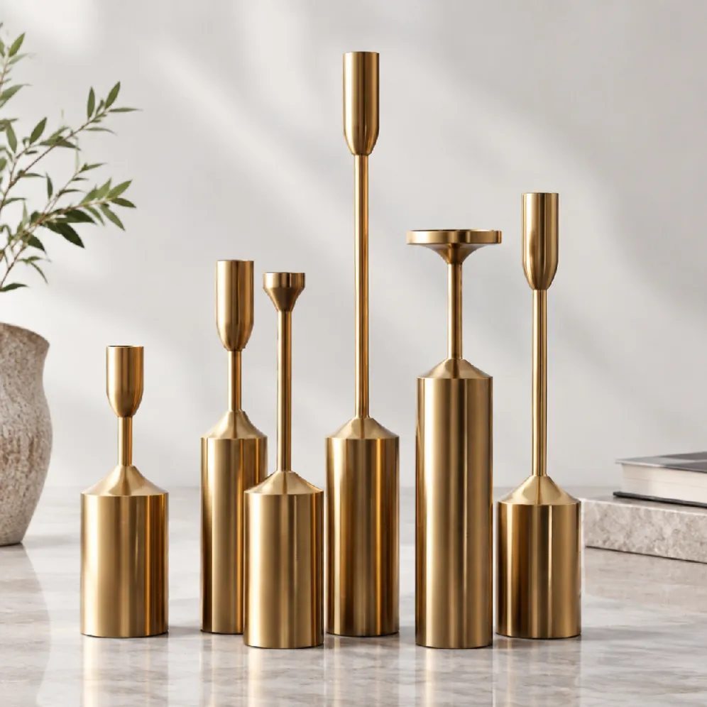 antique brass metal candle holder set