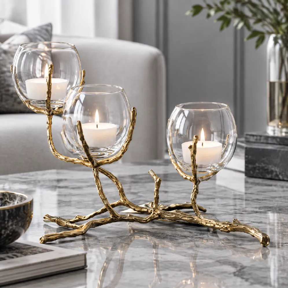 brass alloy and glass candle holder detail