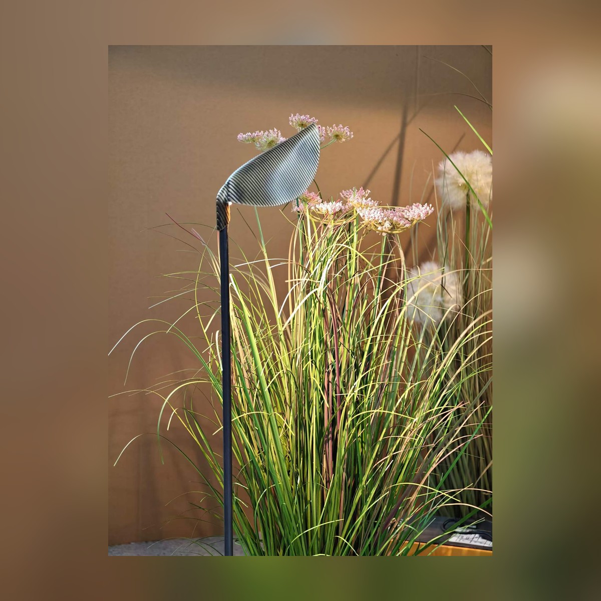 NAG-COPPER-LEAF Custom Copper Leaf Spike Light - night scene in rose garden