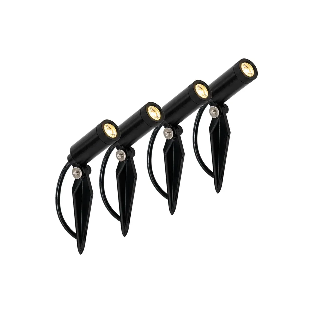 Four 3W aluminium garden spotlights on ground spikes wired to one transformer, IP68 - NoorArch outdoor lighting