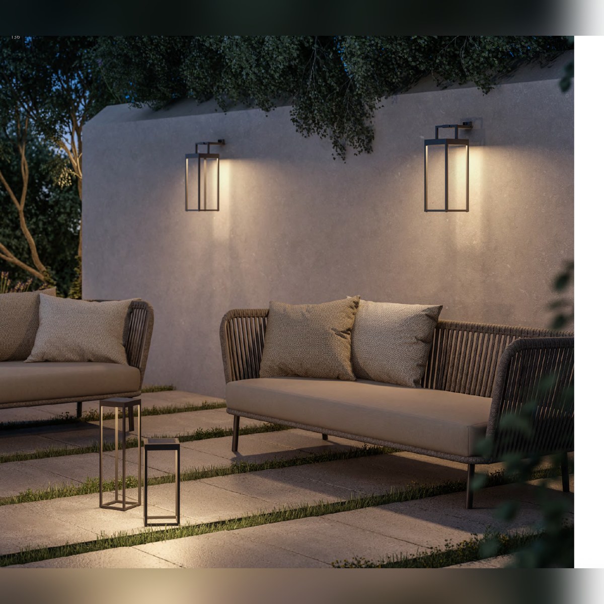 Axis-Solar wall-mounted on a terrace wall at night